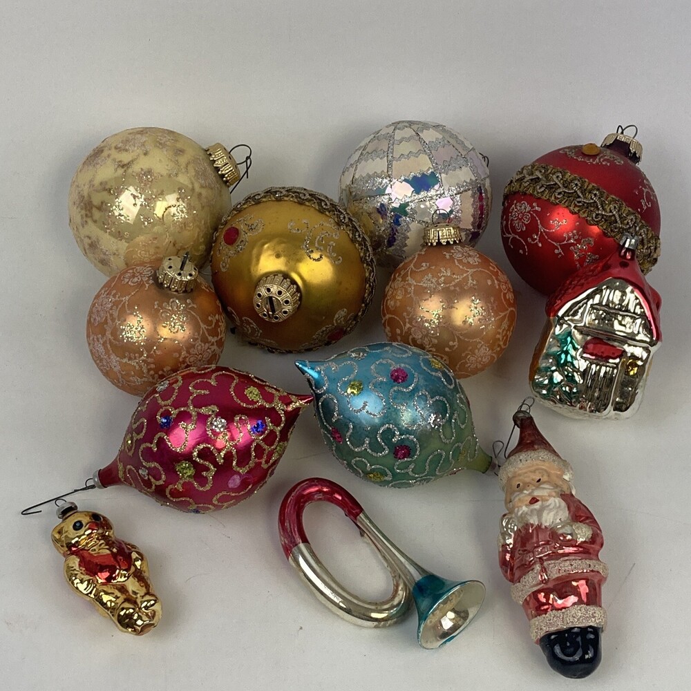 VTG West Germany Mercury Glass Ball Santa Mid Century XMAS Tree Ornaments Lot